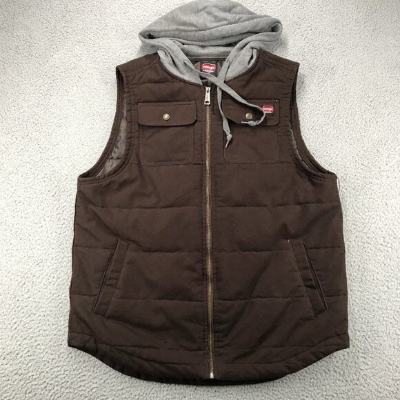 WRANGLER Workwear Vest Mens LARGE Brown Flex Gray Comfort Fleece Hood Full Zip - Picture 1 of 11